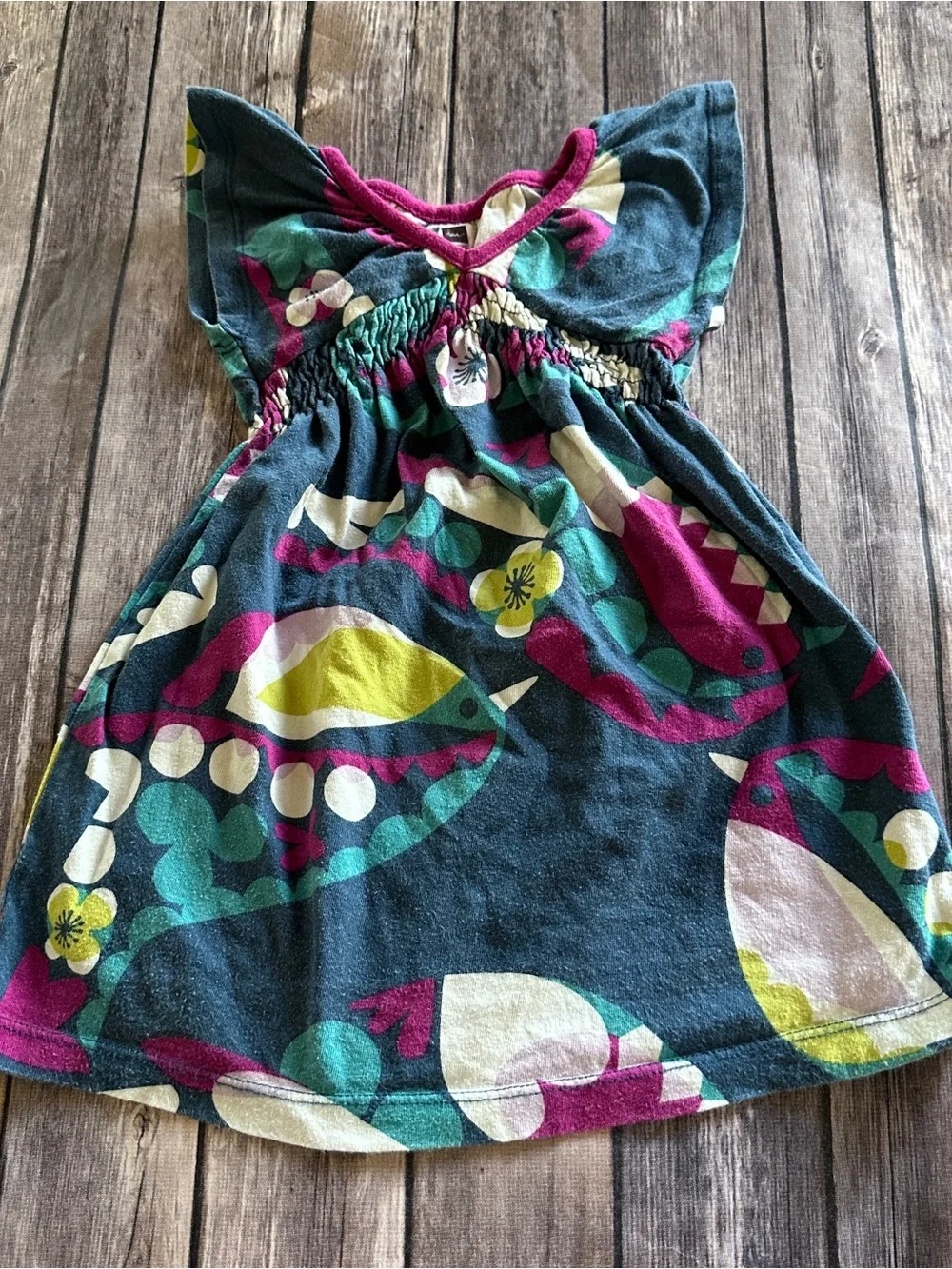 Tea teal bird dress fair fade pilling 12/18